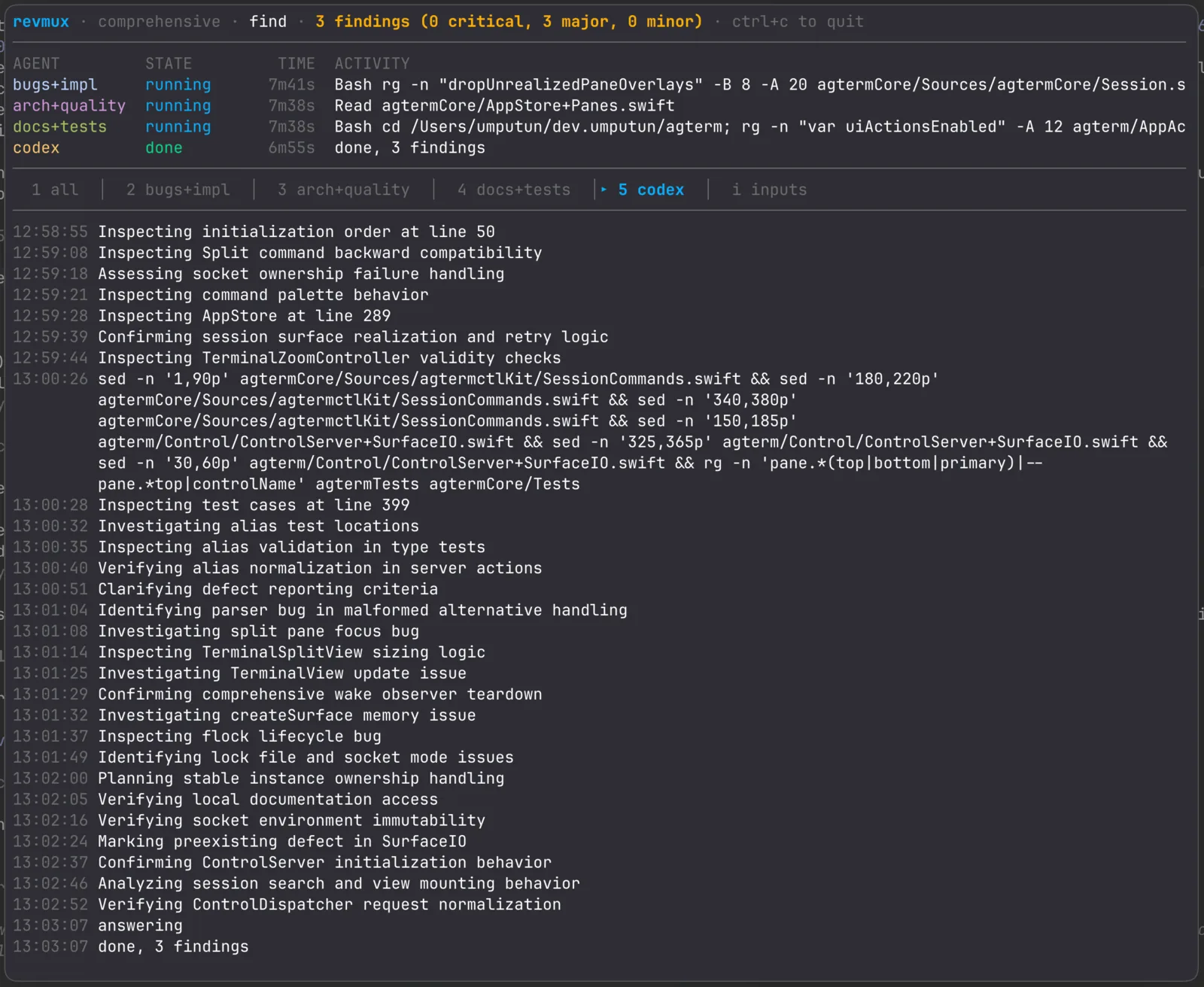 The revmux terminal UI with the codex agent tab focused, showing that agent's own scrollback under the status table